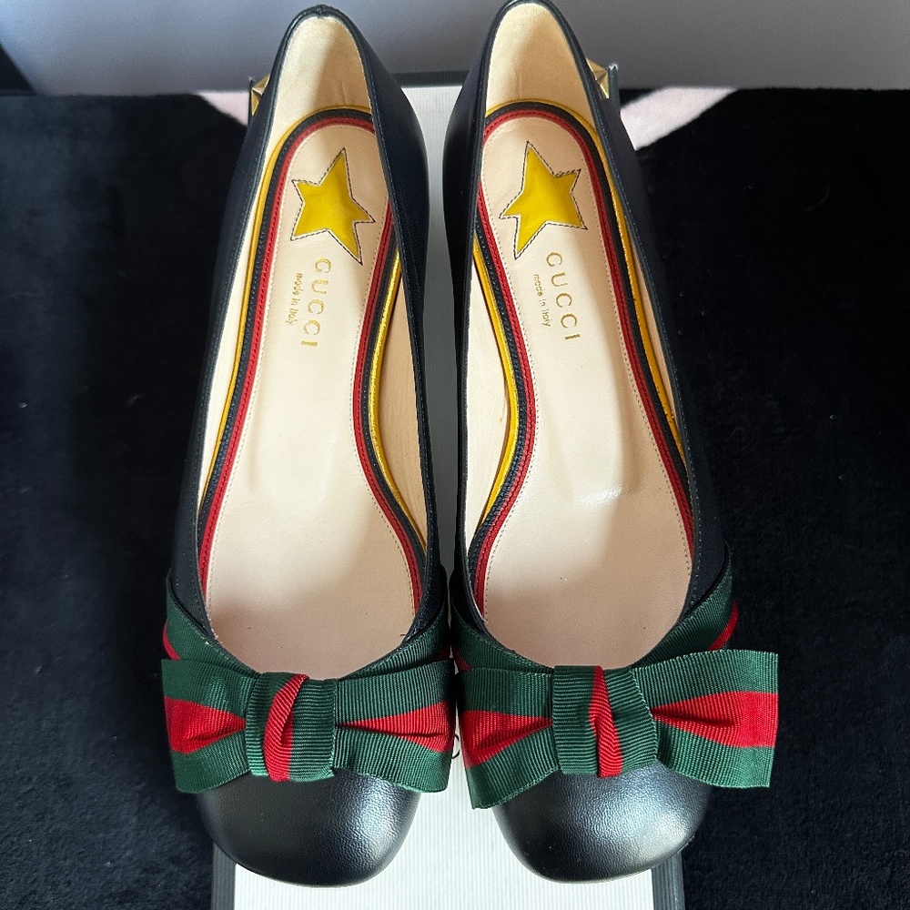 Gucci Black Leather Web Bow Ballet Flats